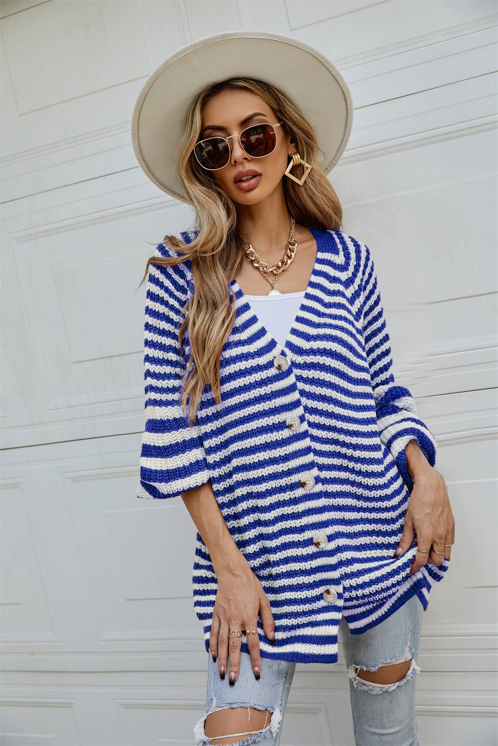 Single breasted loose striped cardigan knit coat