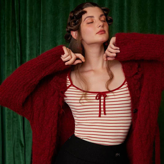 STRIPED SQUARE NECK FLARED LONG SLEEVE TOP