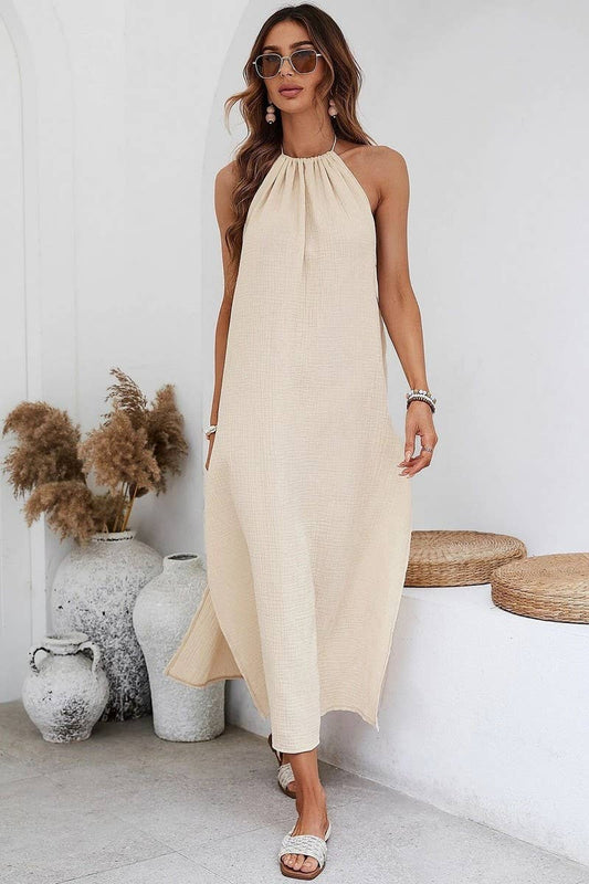 WOVEN ELEGANT BACKLESS SEASIDE HALTER MAXI DRESS