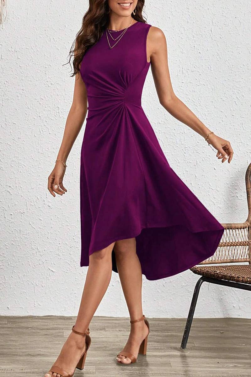 CWDSD7523_SUMMER FASHION SOLID COLOR CRUMPLED DRESS