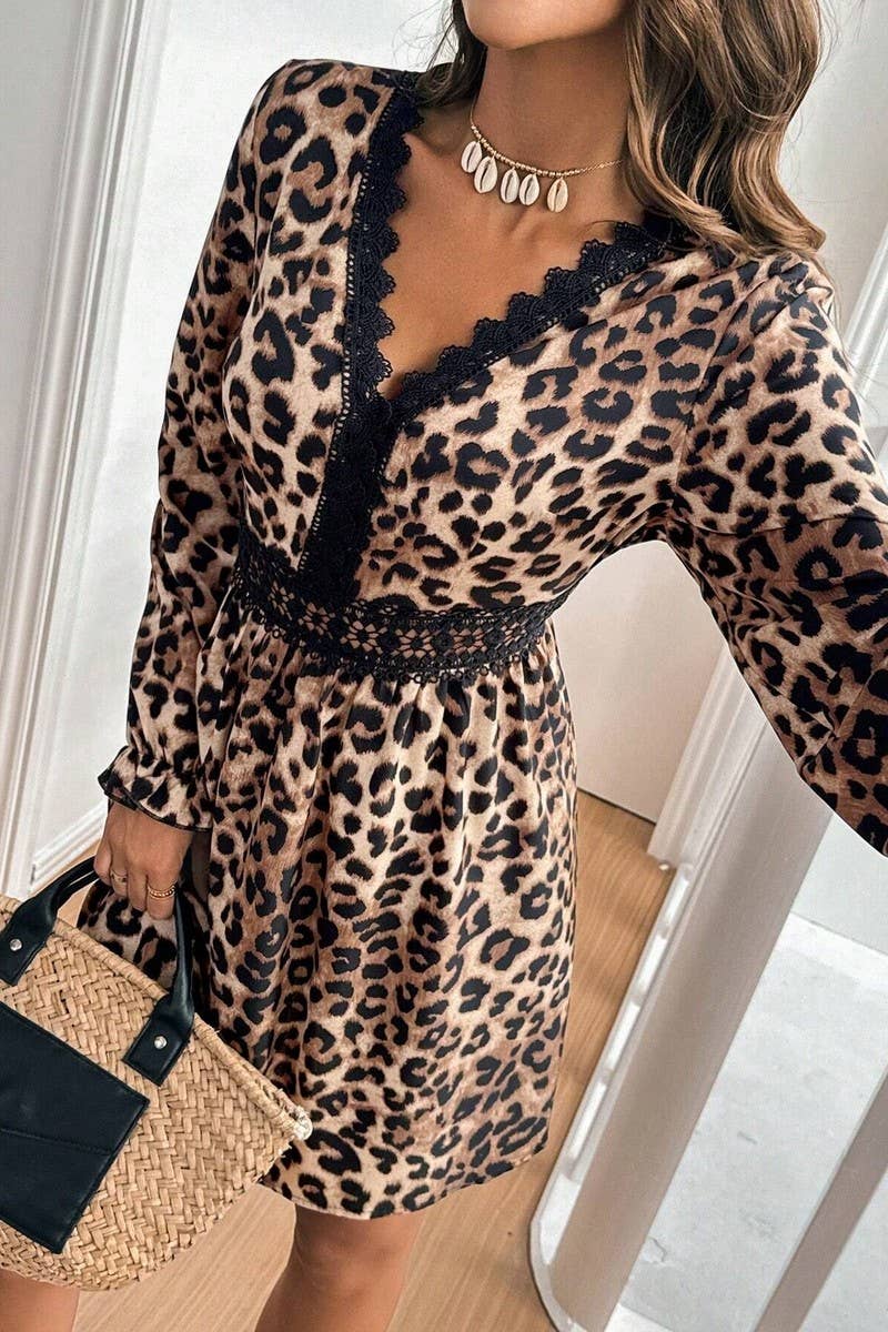 CWDSD6892_V-NECK LEOPARD LACE PATCHWORK LONG-SLEEVED DRESS