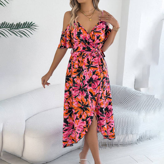 Off-the-shoulder cross-neck printed halter dress