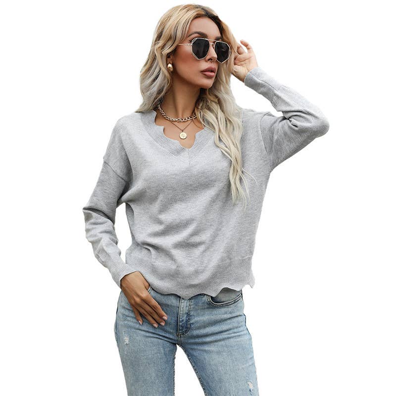 Wavy edge pullover knitted sweater