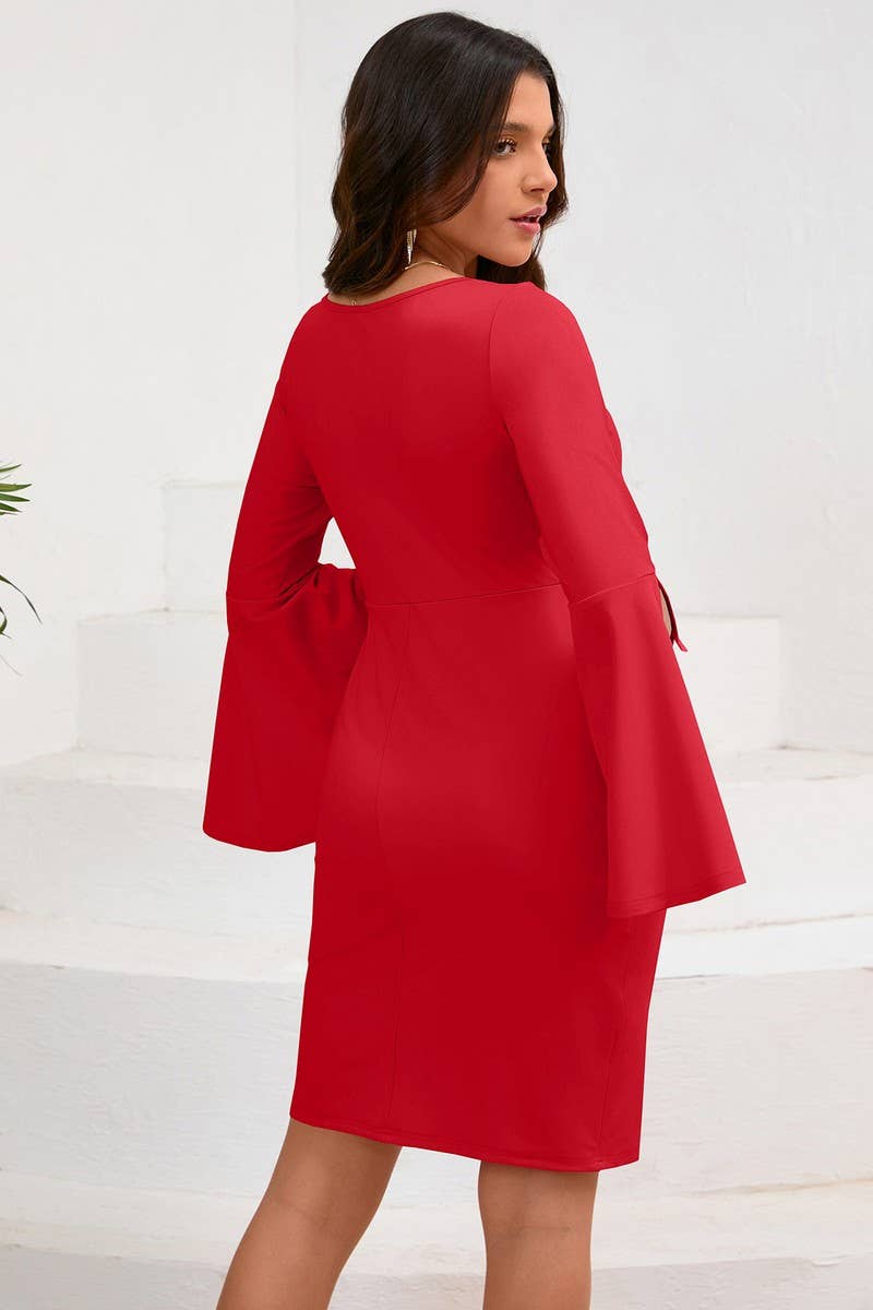 CWDSD6460_SOLID COLOR ROUND NECK TRUMPET SLEEVE HIP DRESS