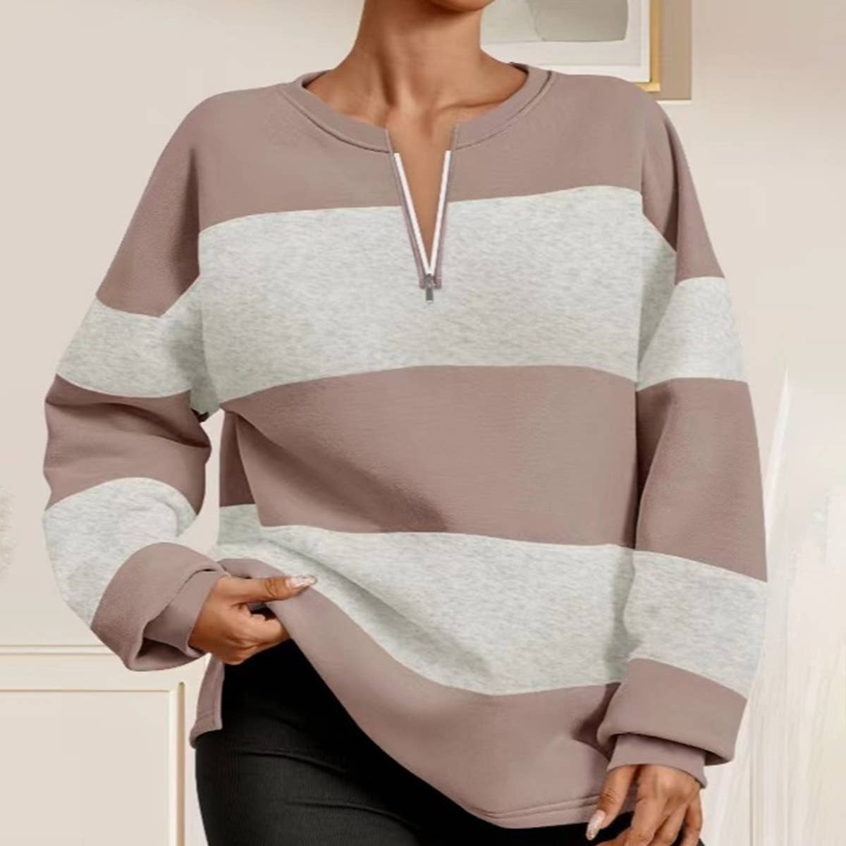 V-NECK ZIP-UP STRIPED LONG-SLEEVED LOOSE T-SHIRT