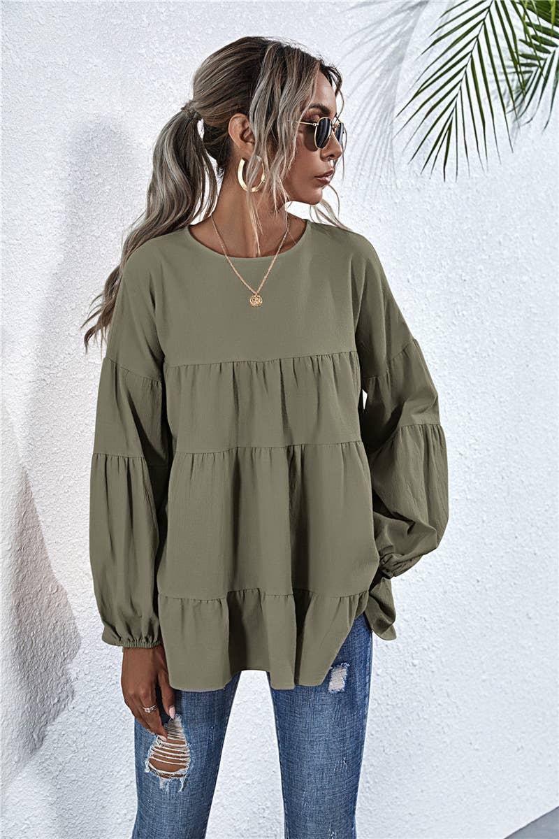 SOLID COLOR ROUND NECK LANTERN SWING LOOSE TOP