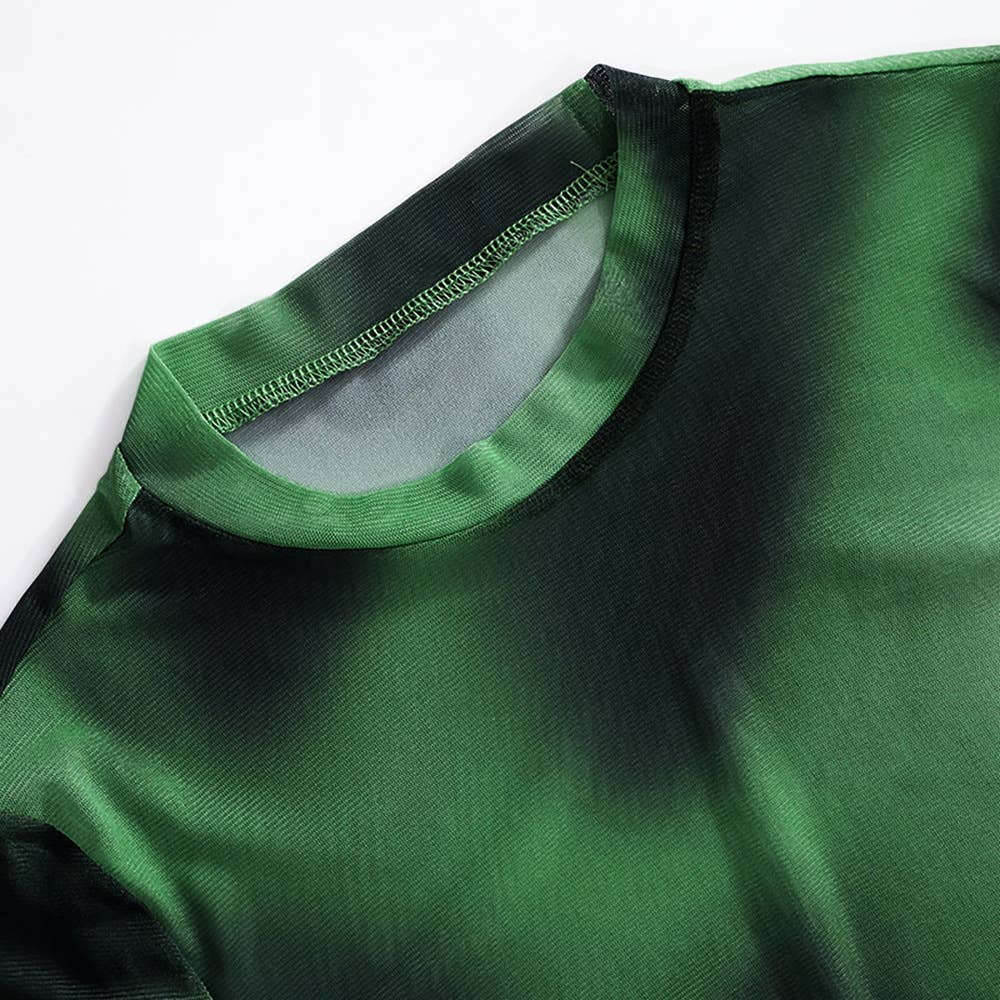 Gradient Tie-Dye Mesh Print Long-Sleeved T-Shirt