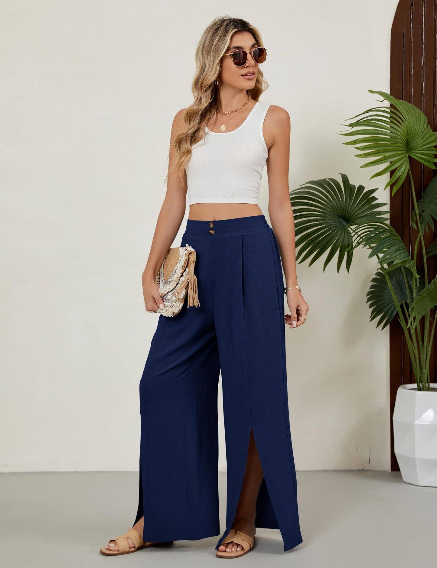 High-waisted stretched-waist slit wide-leg pants