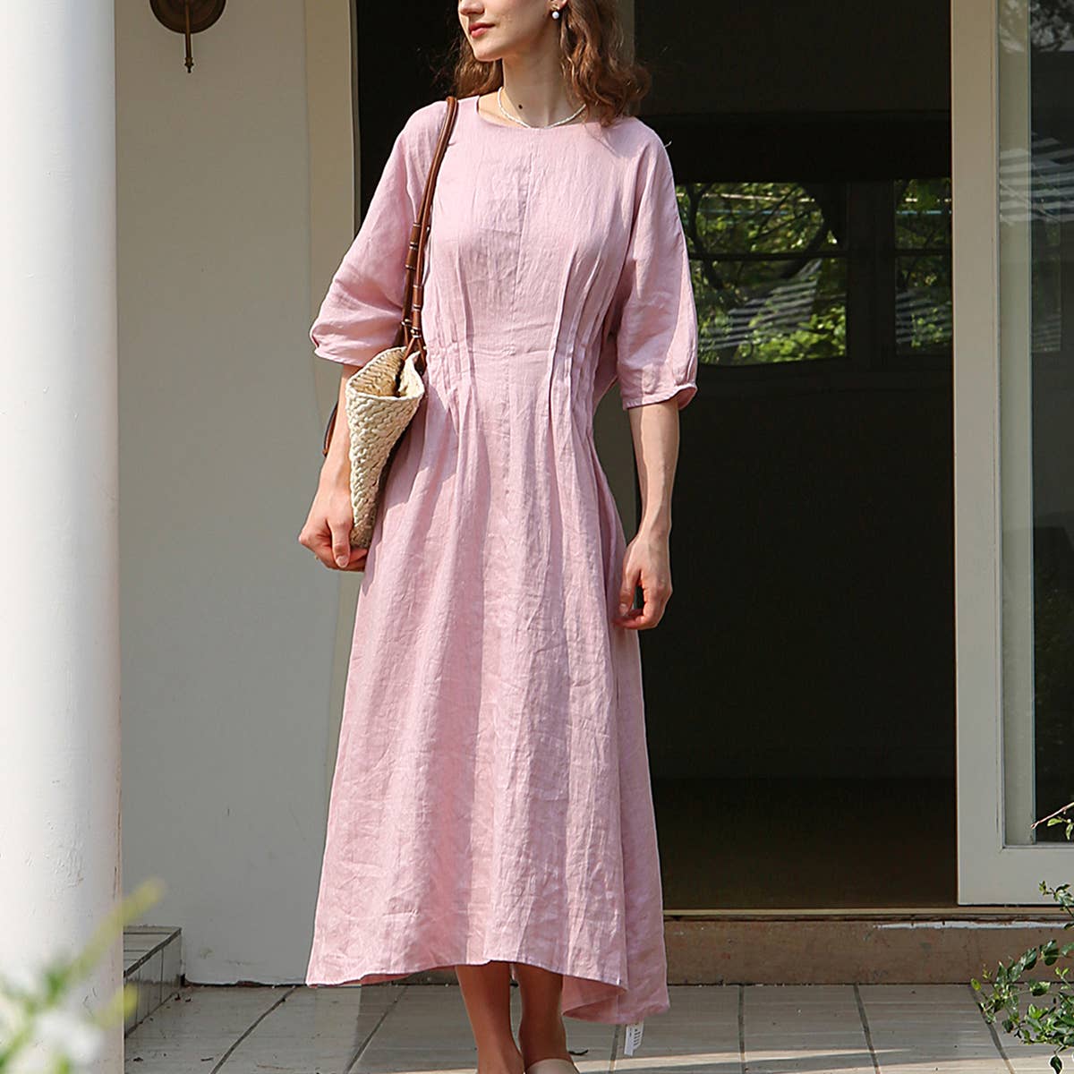 Temperament pleated solid color waist dress
