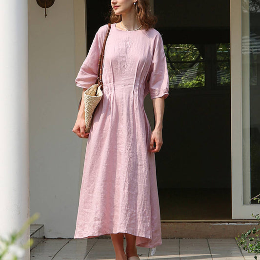 Temperament pleated solid color waist dress