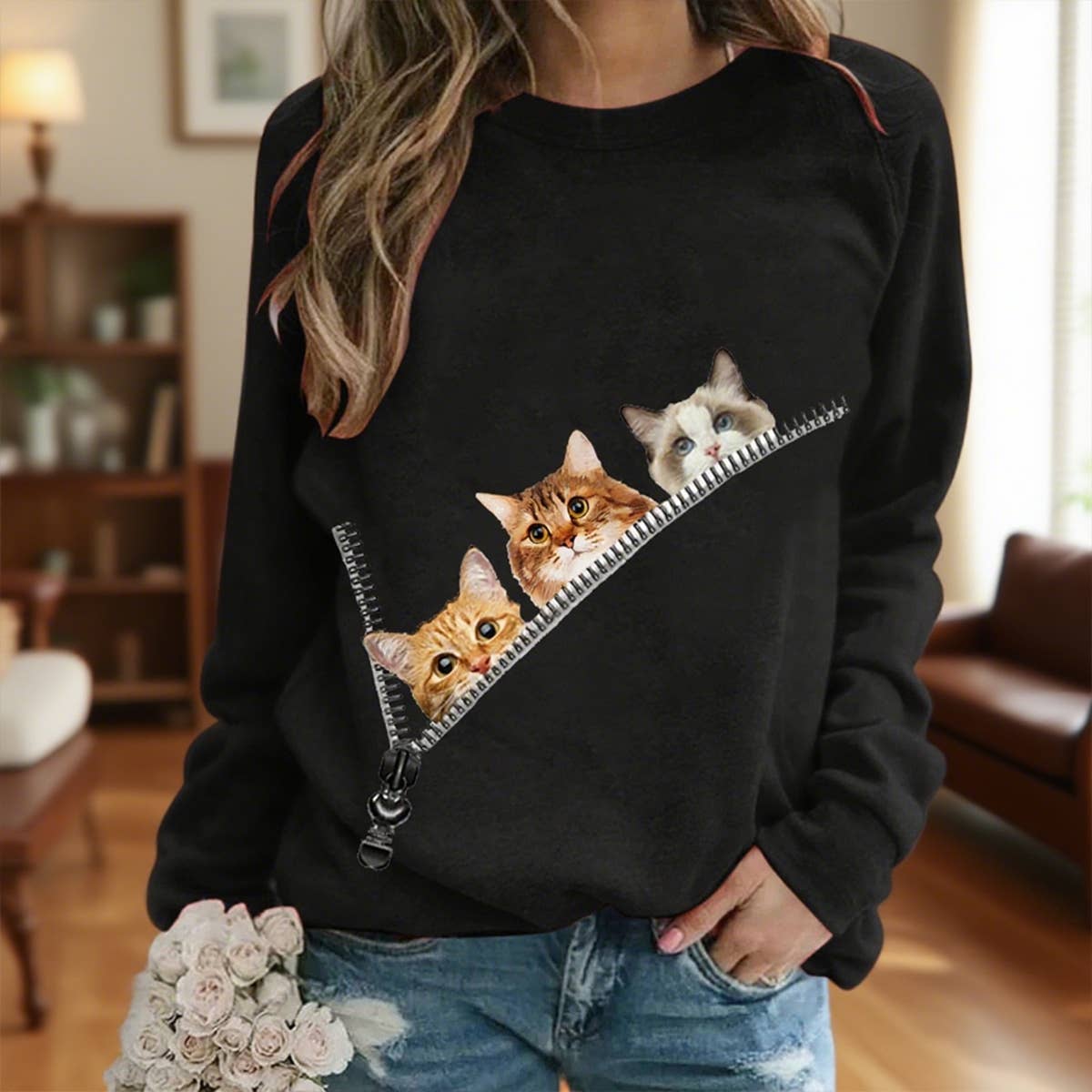 Kitty-print fashion turtle-neck hoodie