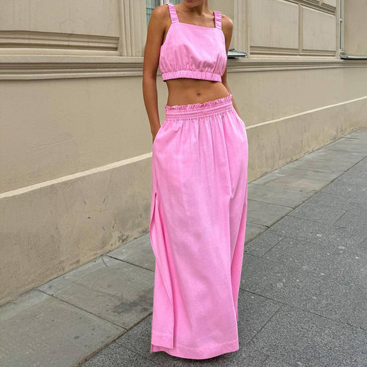 A cotton and linen two-piece halter skirt