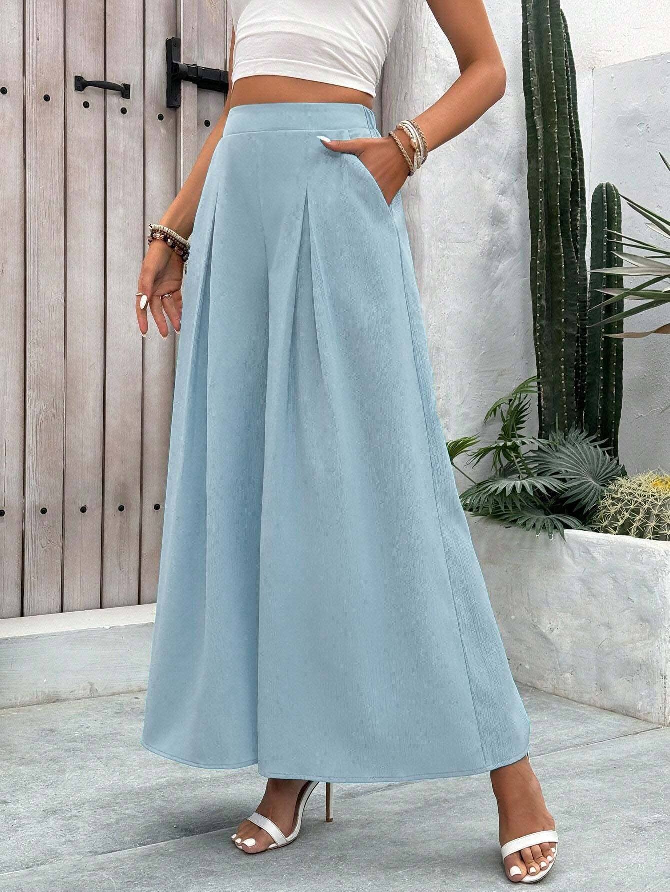 WOVEN ELASTIC WAIST PLEATED SLIMMING SLACKS