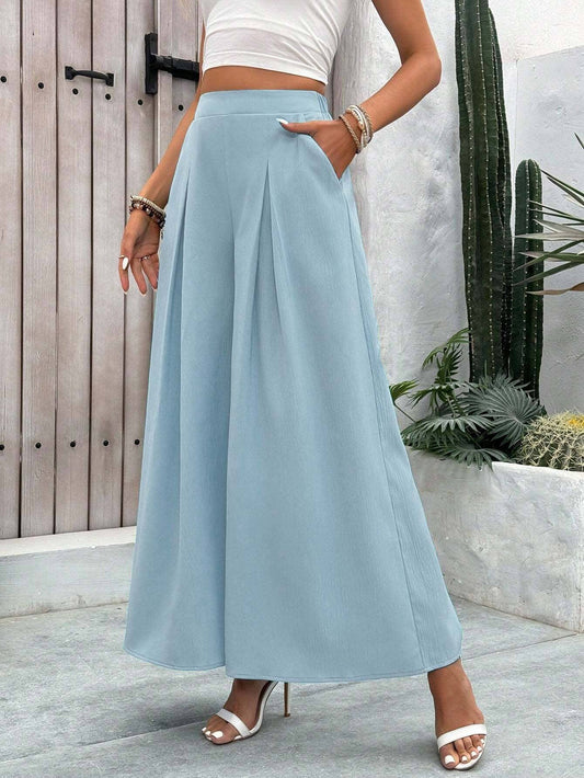 WOVEN ELASTIC WAIST PLEATED SLIMMING SLACKS