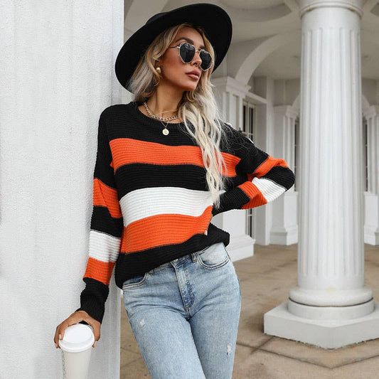 THIN LONG-SLEEVED BAGGY STRIPED SWEATER