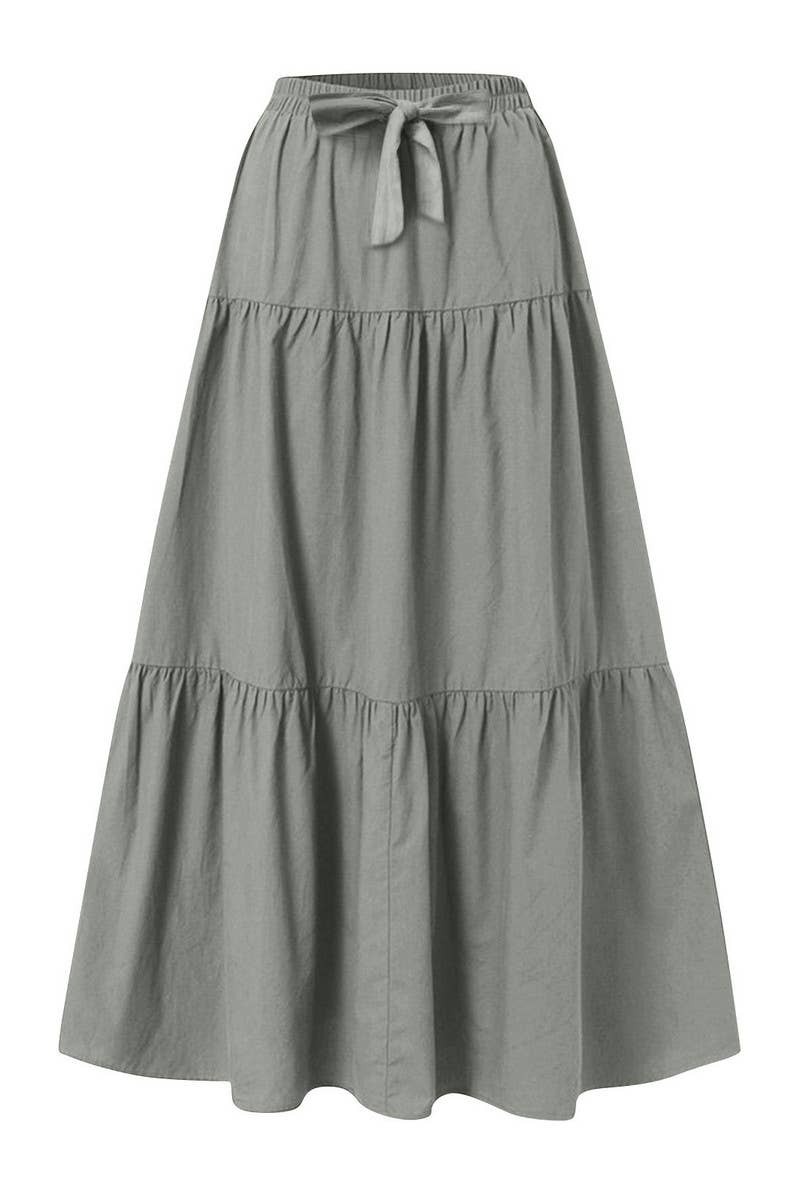 CWBLS0559_BOW WAIST TIERED SOLID MIDI SKIRT