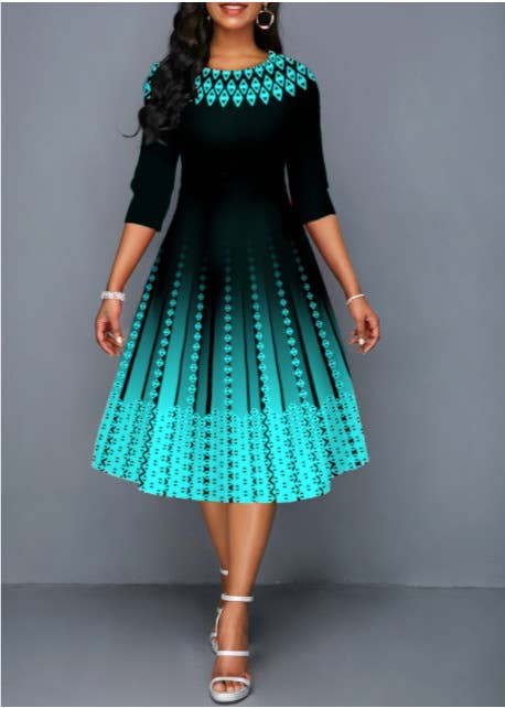 POSITIONING PRINT STYLE MID-SLEEVE WAIST DRESS