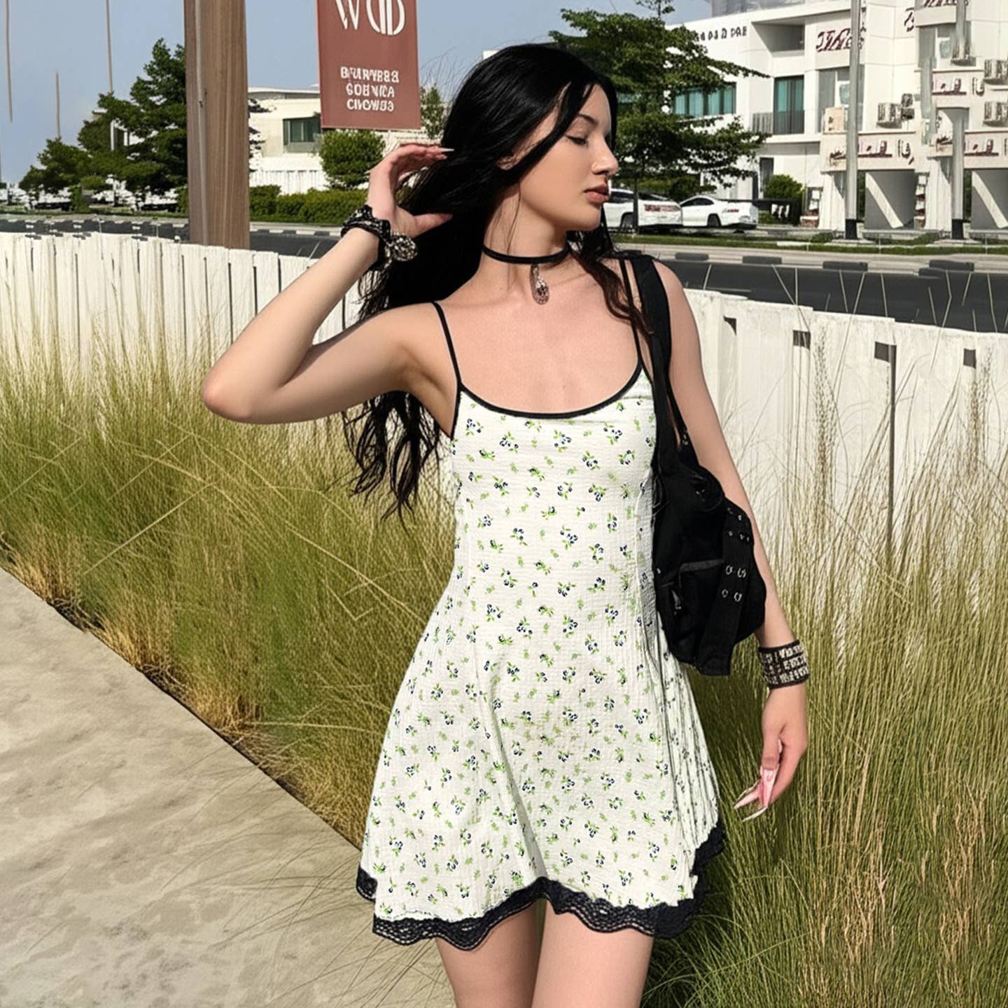 Lace patchwork waist floral halter dress