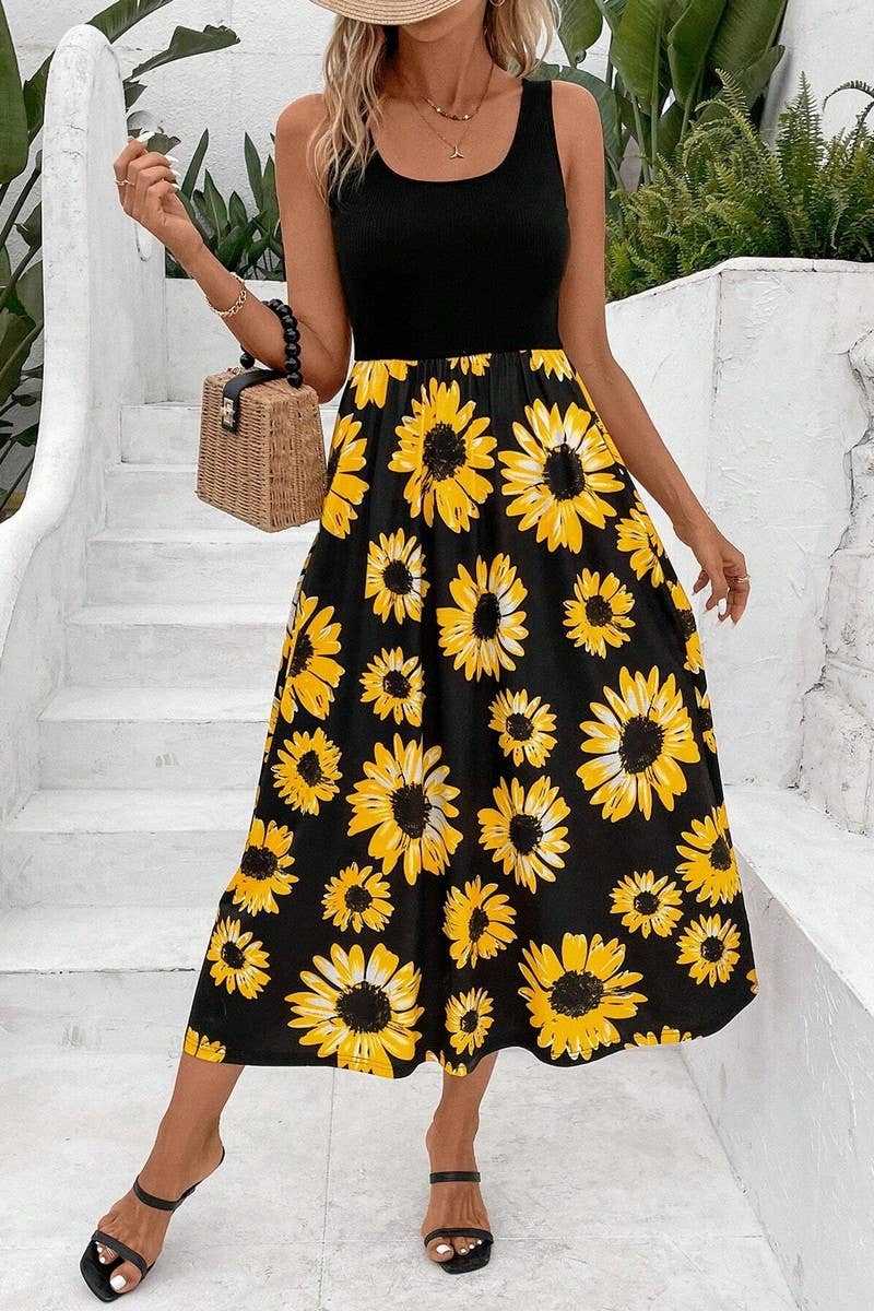 CWDMD4446_SUNFLOWER PRINT PATCHWORK SLEEVELESS DRESS