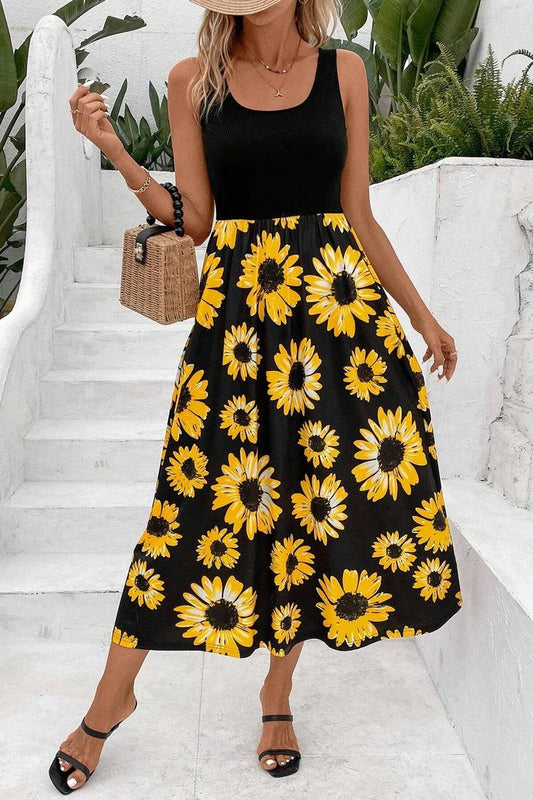 CWDMD4446_SUNFLOWER PRINT PATCHWORK SLEEVELESS DRESS