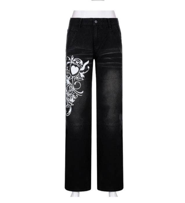 Fashion printed straight-through wide-leg jeans