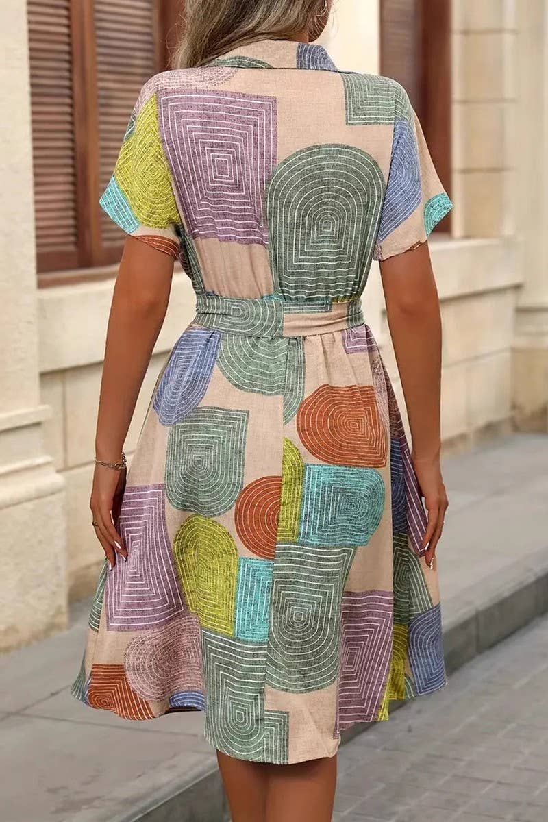 CWDSD8570_GEOMETRIC PRINT SHORT SLEEVE BELTED DRESS
