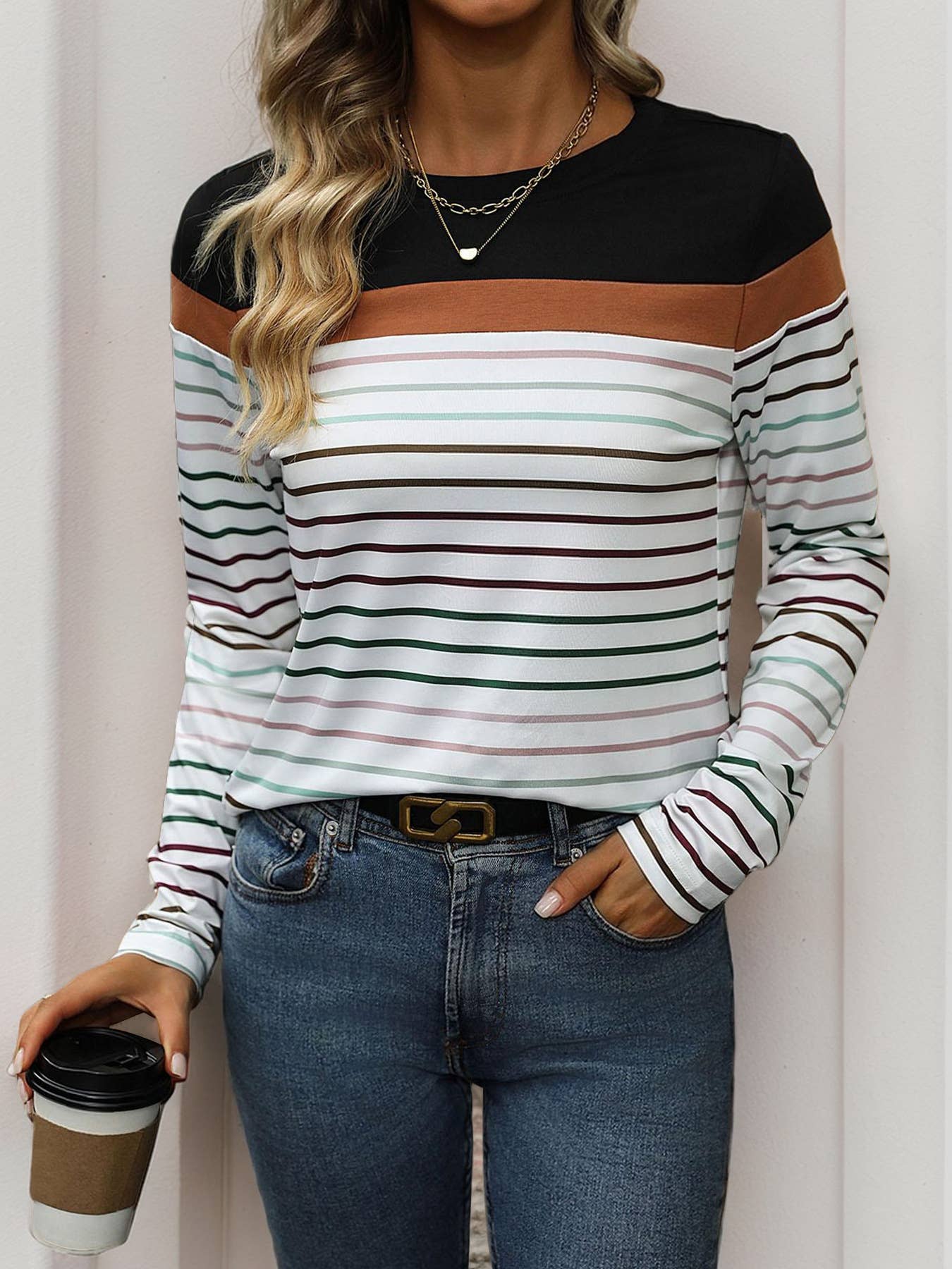 Long sleeve striped casual T-shirt