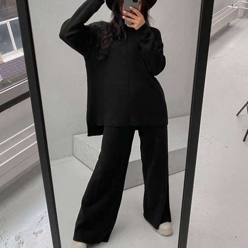 LONG SLEEVE LOOSE SWEATER KNIT TOP PANT SUIT
