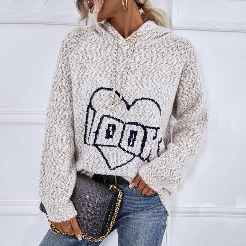 Hooded drawstring female pullover sweater