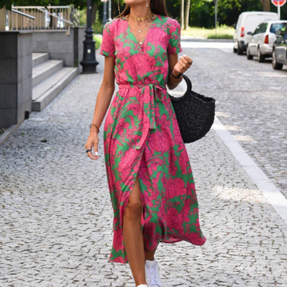 Abstract print V-neck lace-up long slit dress