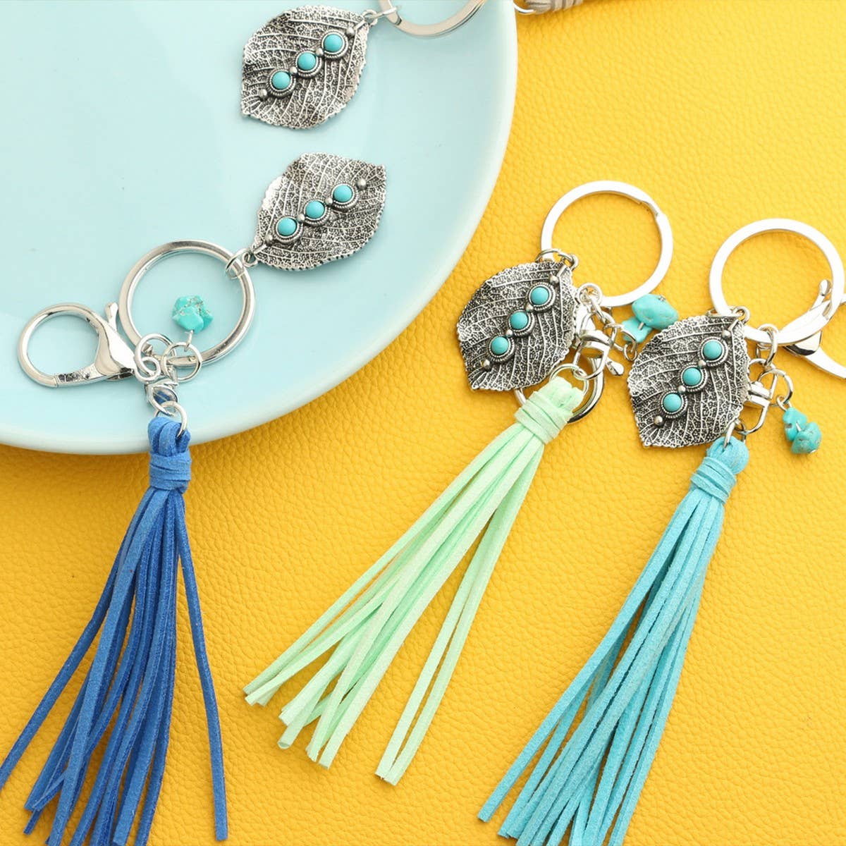 Bohemian Alloy Leaf Turquoise Keychain_CWMM6867