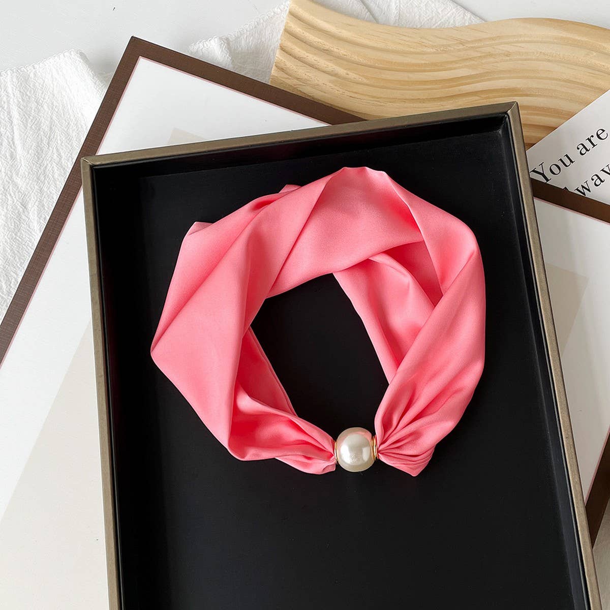 Silky Print Scarf Necklace ? Pearl Magnetic Clasp