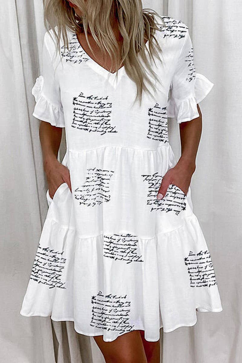 CWDSD8672_FASHION SHORT PRINTED RUFFLE POCKET DRESS