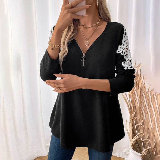 LACE PATCHWORK ZIPPER V-NECK LONG SLEEVE T-SHIRT