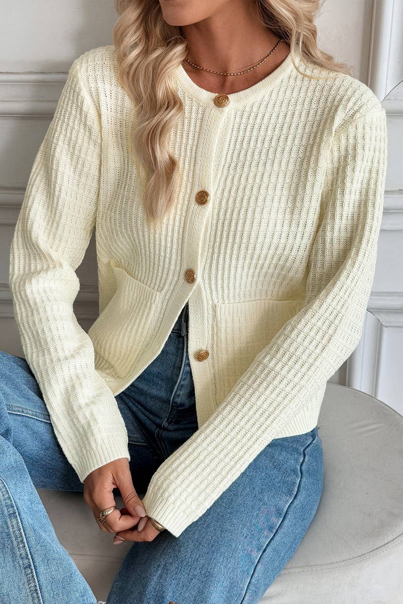 CWOCAL00582_SOLID COLOR METAL BUTTON CARDIGAN SWEATER