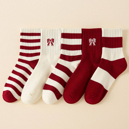 Red Bow Cotton Crew Socks for Women, Striped_CWMS1371