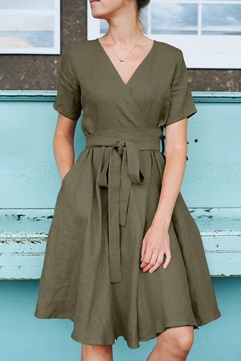 CWDSD5499_V-NECK BELT SHORT-SLEEVED COTTON AND LINEN DRESS