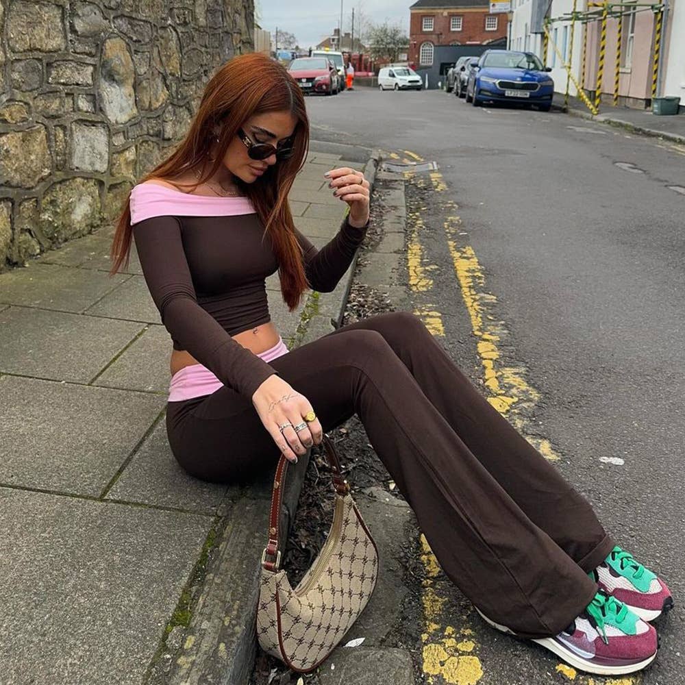 Off-the-shoulder top flared pants suit