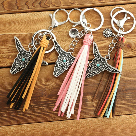 Boho Western Bull Head Keychain with Vintage Charm_CWAB5085