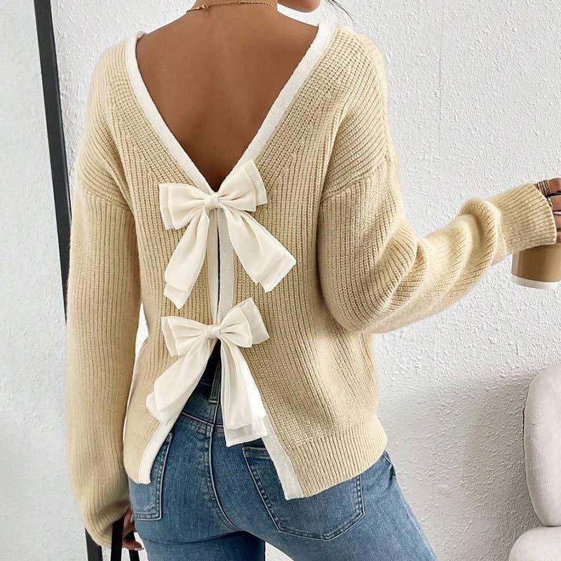 Back bow round collar sweater