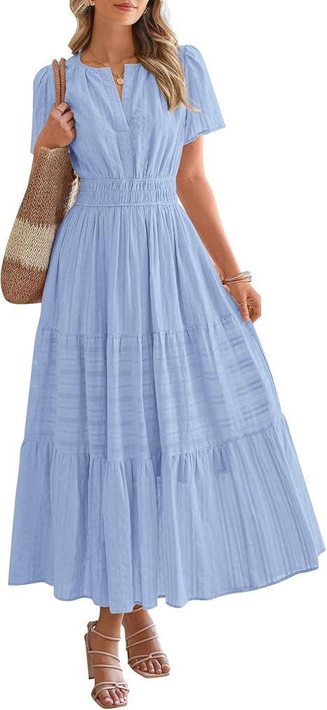 V-neck pleated puffy sleeve short sleeved dress