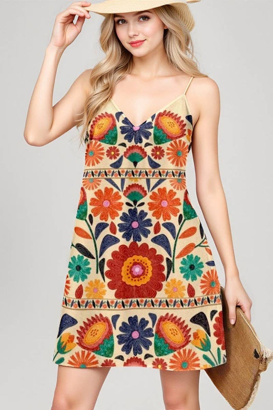 CWDSD10504_V-NECK PRINTED SUSPENDER SLEEVELESS DRESS