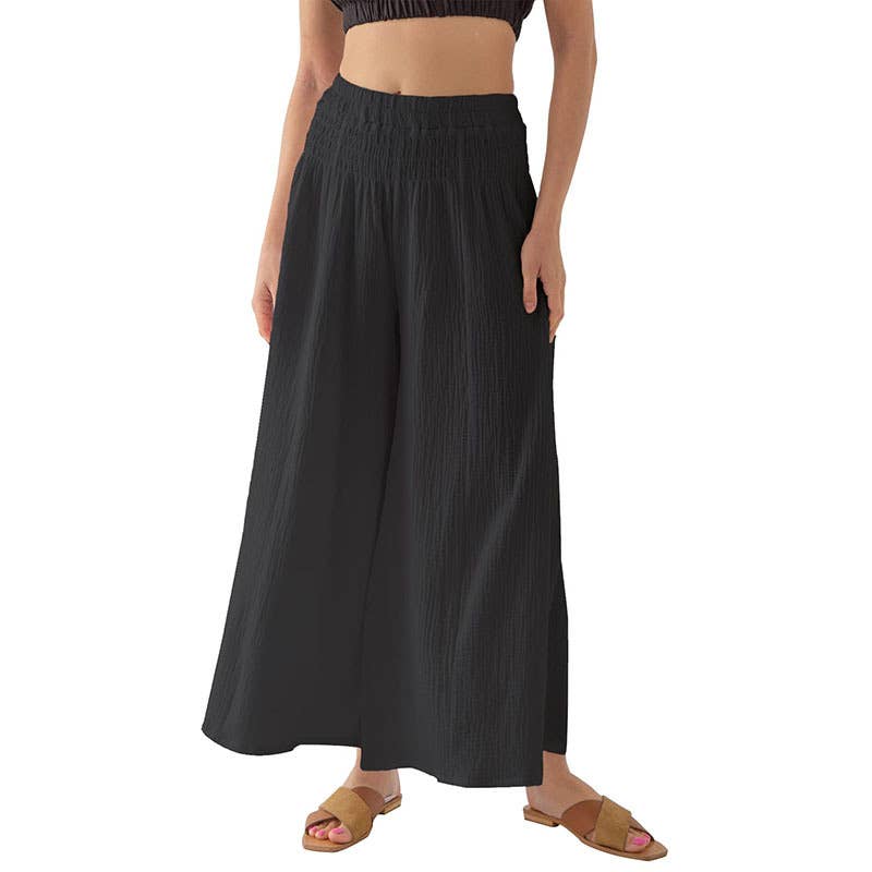 ELASTIC HIGH-WAISTED COTTON WIDE-LEG PANTS