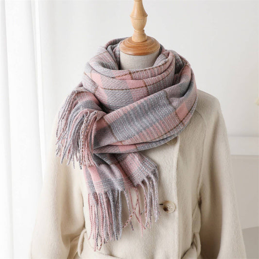 Plaid fringe scarf winter warm shawl_CWASC2778