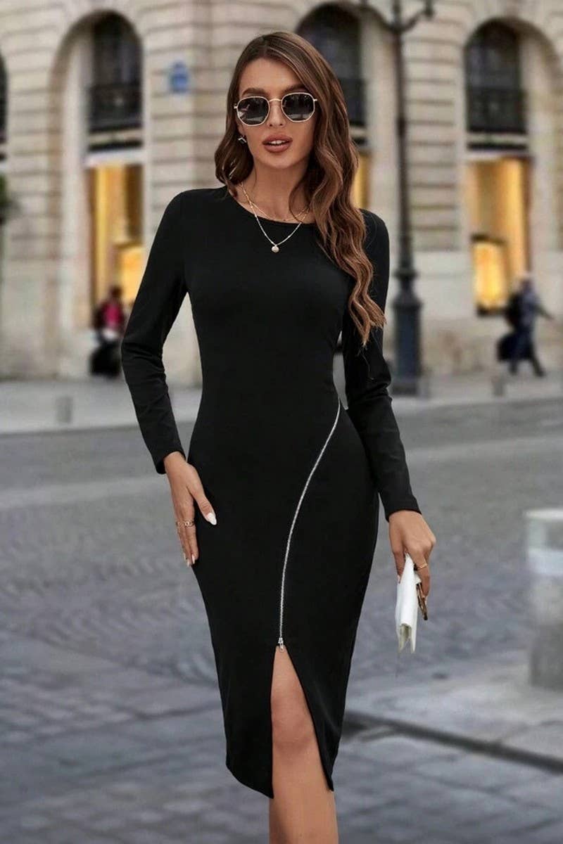 ROUND NECK LONG SLEEVE ZIPPER SLIT SLIM DRESS