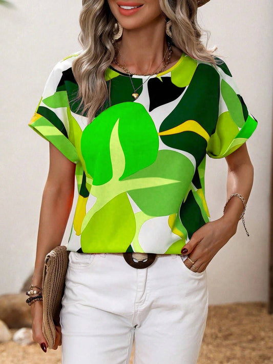 Fashion printed multi-color U-neck blouse