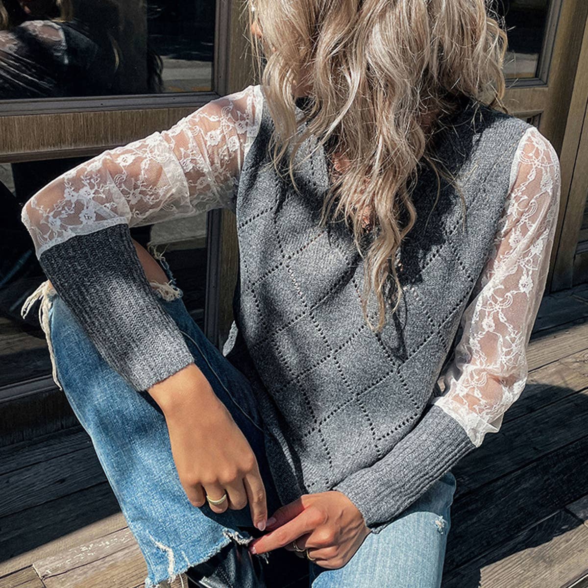 LONG SLEEVE LACE PATCHWORK FASHION BASE KNITWEAR