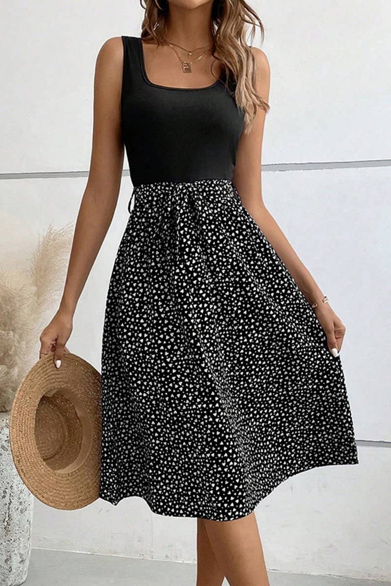 CWDHL0972_SUMMER ELEGANT CONTRAST COLOR SLEEVELESS DRESS