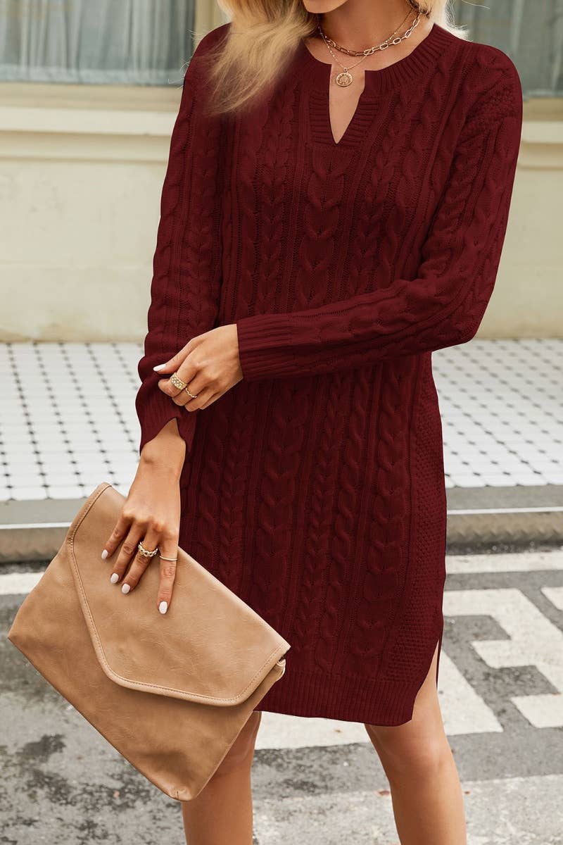 CWDTD0385_SOLID COLOR V-NECK LONG-SLEEVED SWEATER DRESS