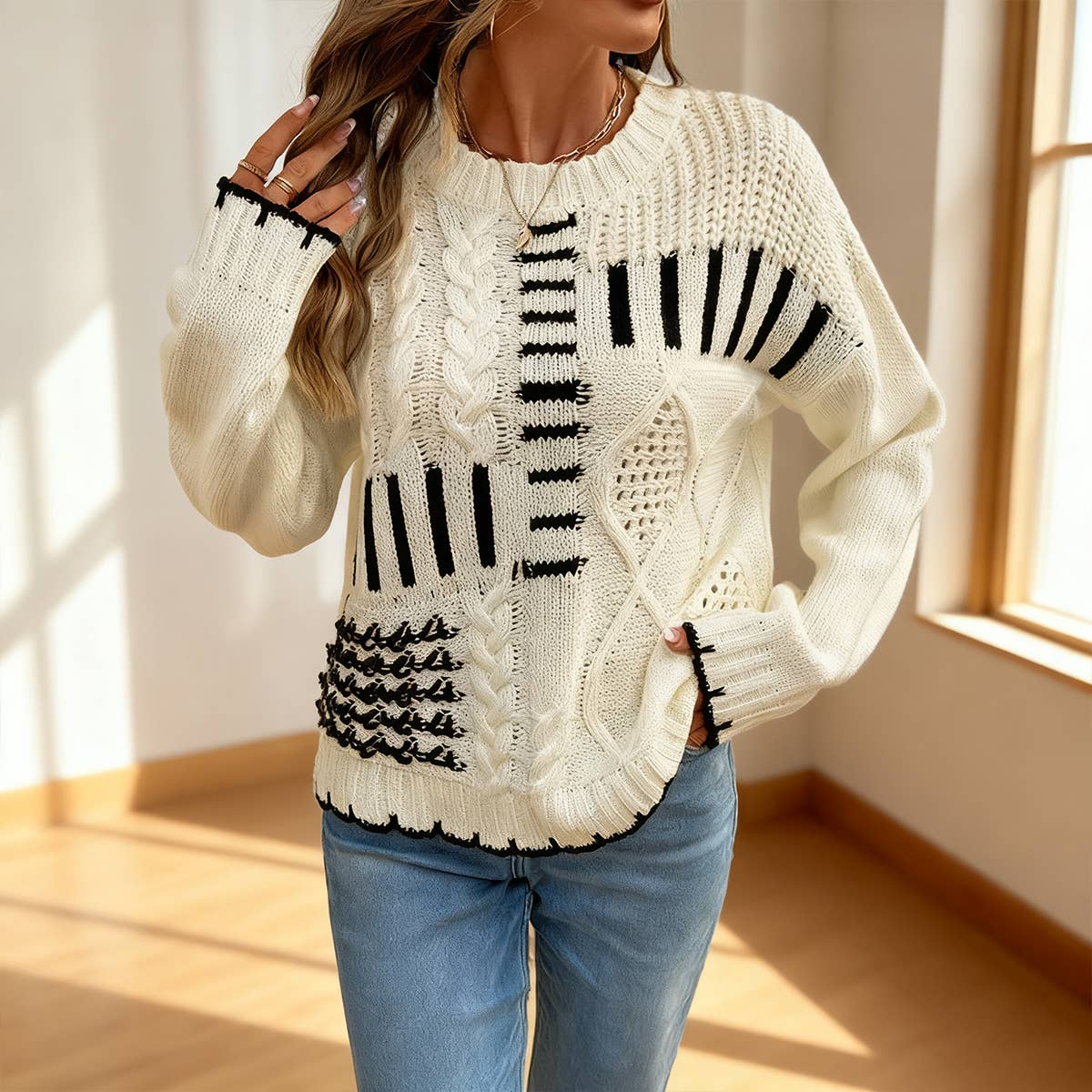 Round-neck striped line color-blocking sweater